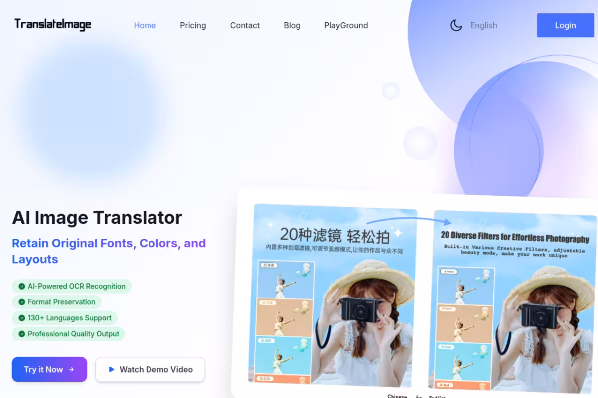 Translate Images with OCR while Preserving Text Formats to 130+ Languages homepage screenshot