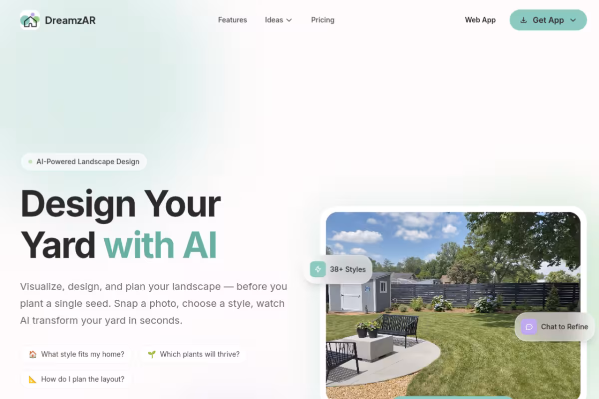 DreamzAR AI Landscape Design Ideas homepage screenshot