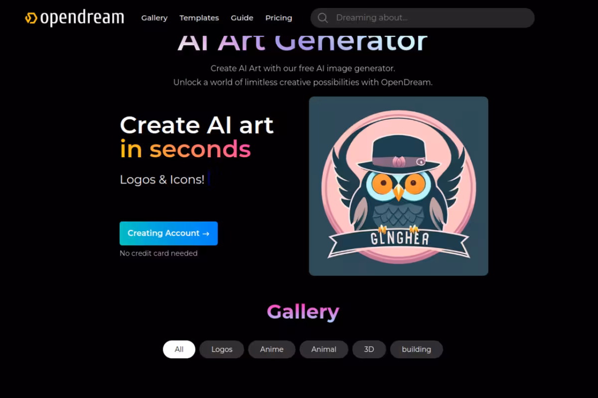 Free Text to Image in OpenDream homepage screenshot