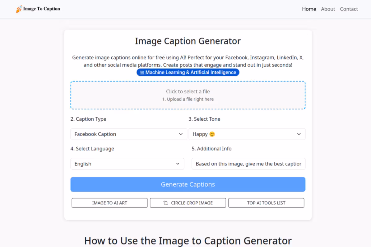 Image Caption Generator homepage screenshot