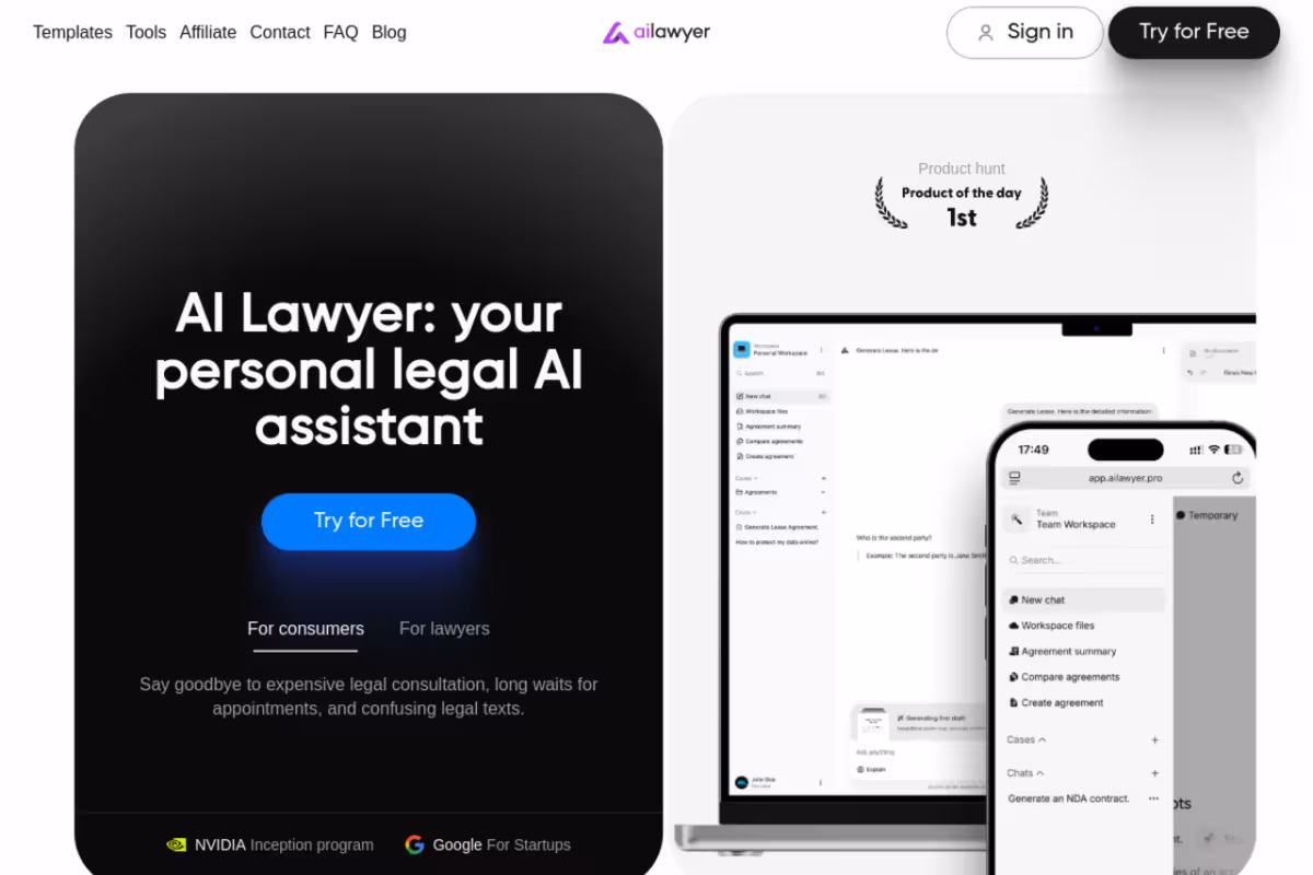 AI Lawyer homepage screenshot