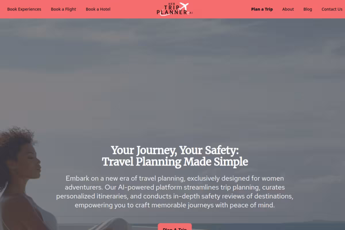Her Trip Planner homepage screenshot