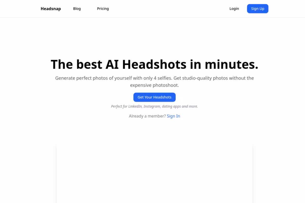 The best AI Headshots in minutes. homepage screenshot