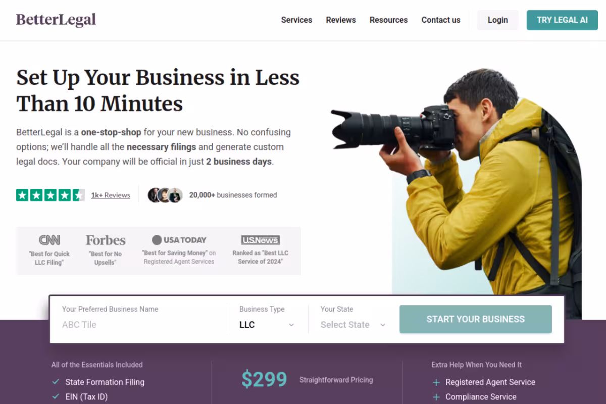 Set up your business with BetterLegal homepage screenshot