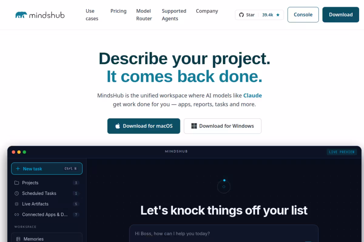 MindsHub homepage screenshot