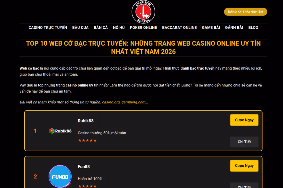 Top 10 Web Cờ Bạc, Sòng Bài Casino Online Uy Tín Nhất 2026 homepage screenshot