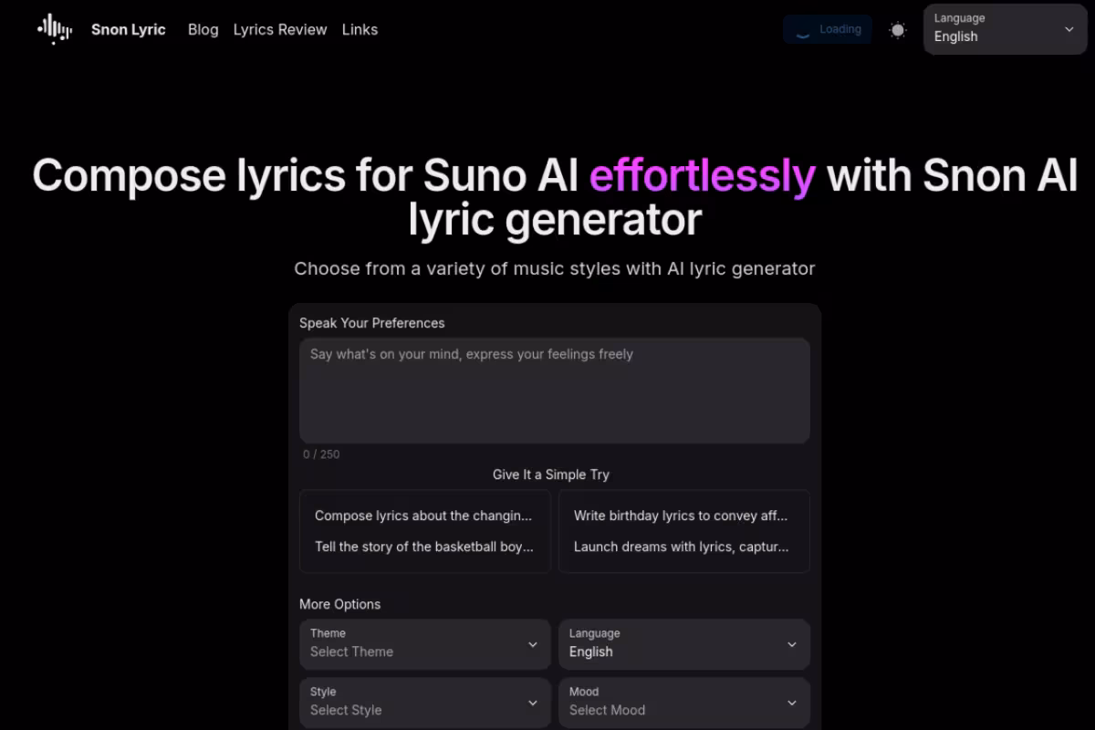 Snon AI Lyric Generator homepage screenshot