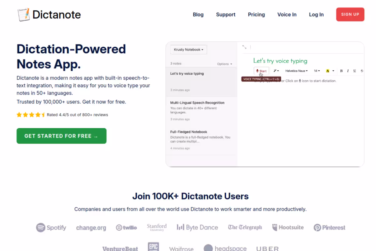 Dictanote homepage screenshot