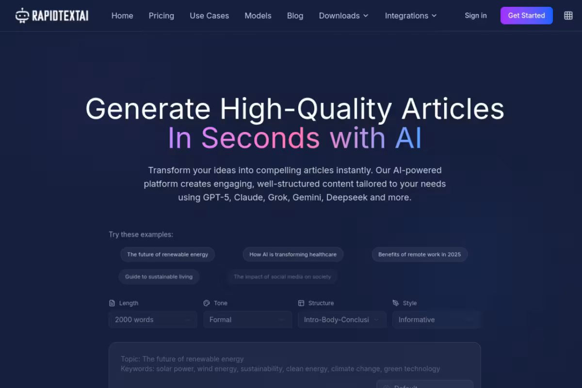RapidTextAI homepage screenshot