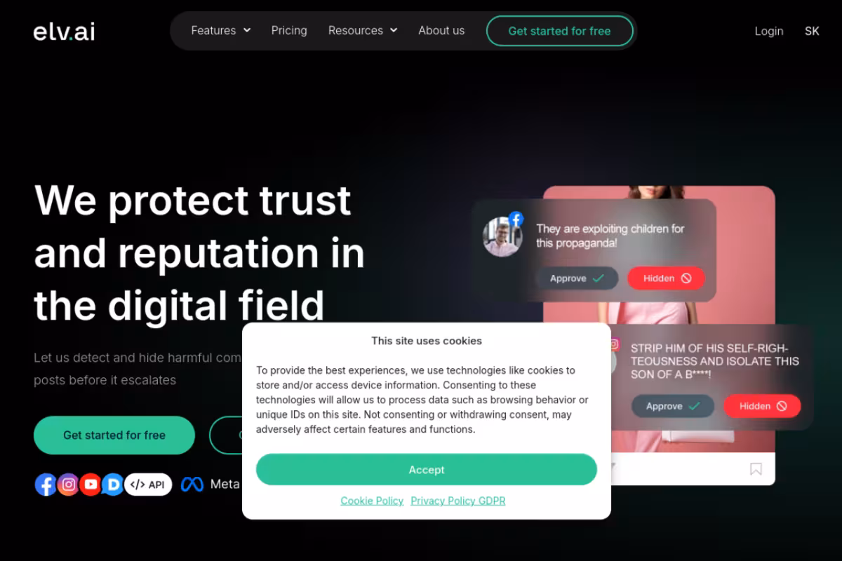 Content moderation using AI and human moderators homepage screenshot