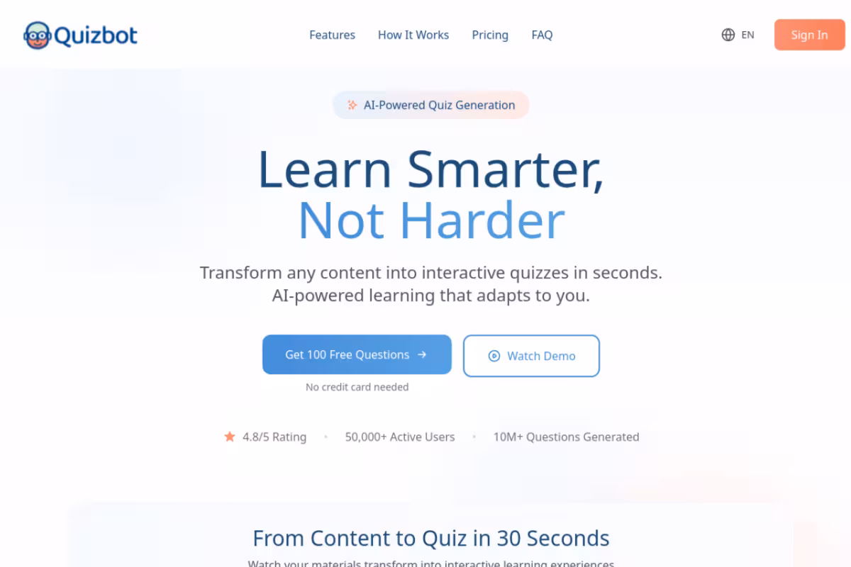 Quizbot homepage screenshot