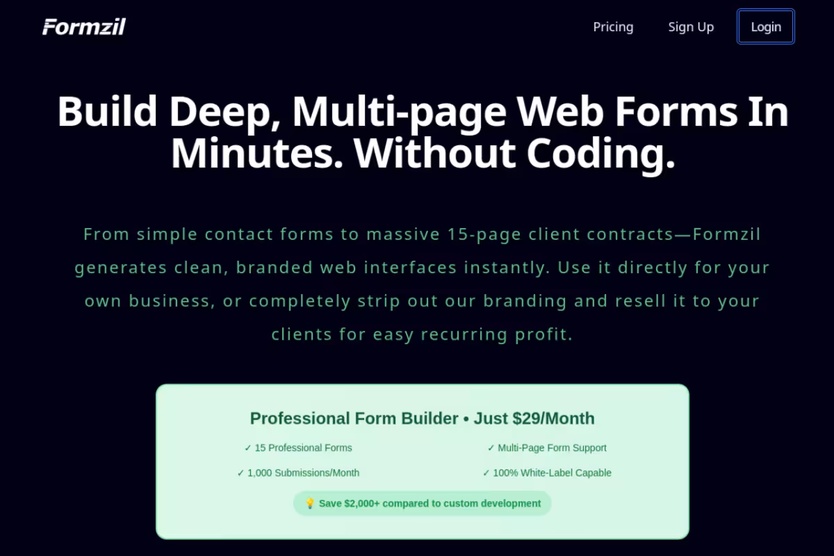 Formzil homepage screenshot