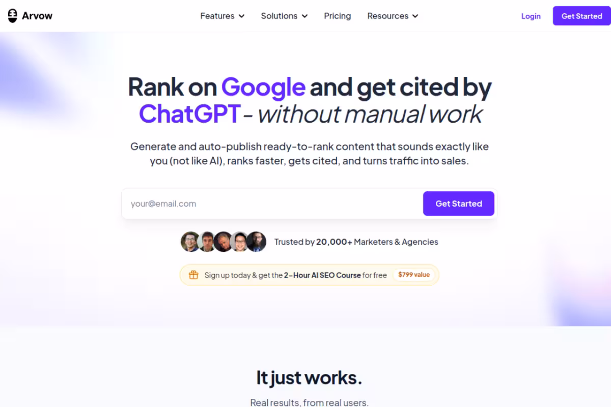 Arvow homepage screenshot