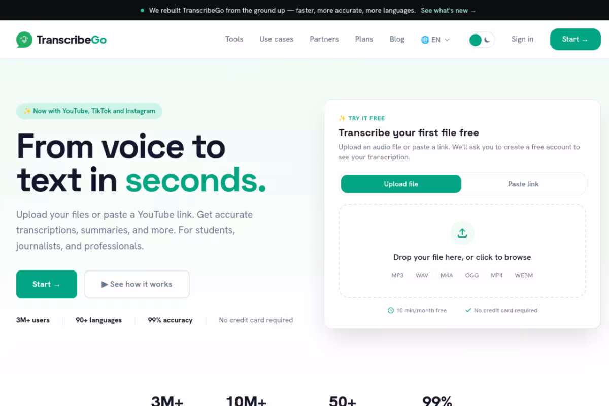 TranscribeGo homepage screenshot