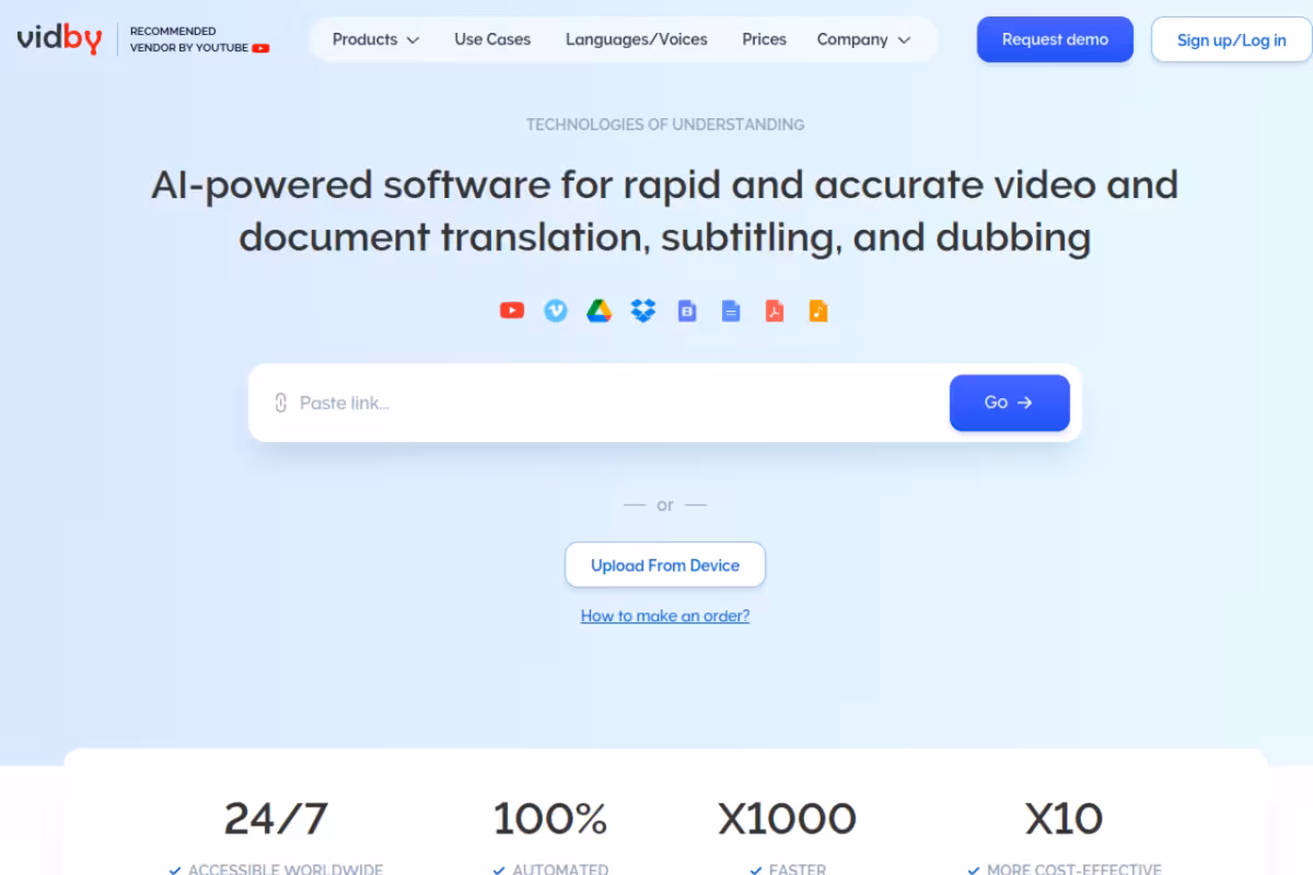 vidby for translation, dubbing and creation of subtitles service homepage screenshot
