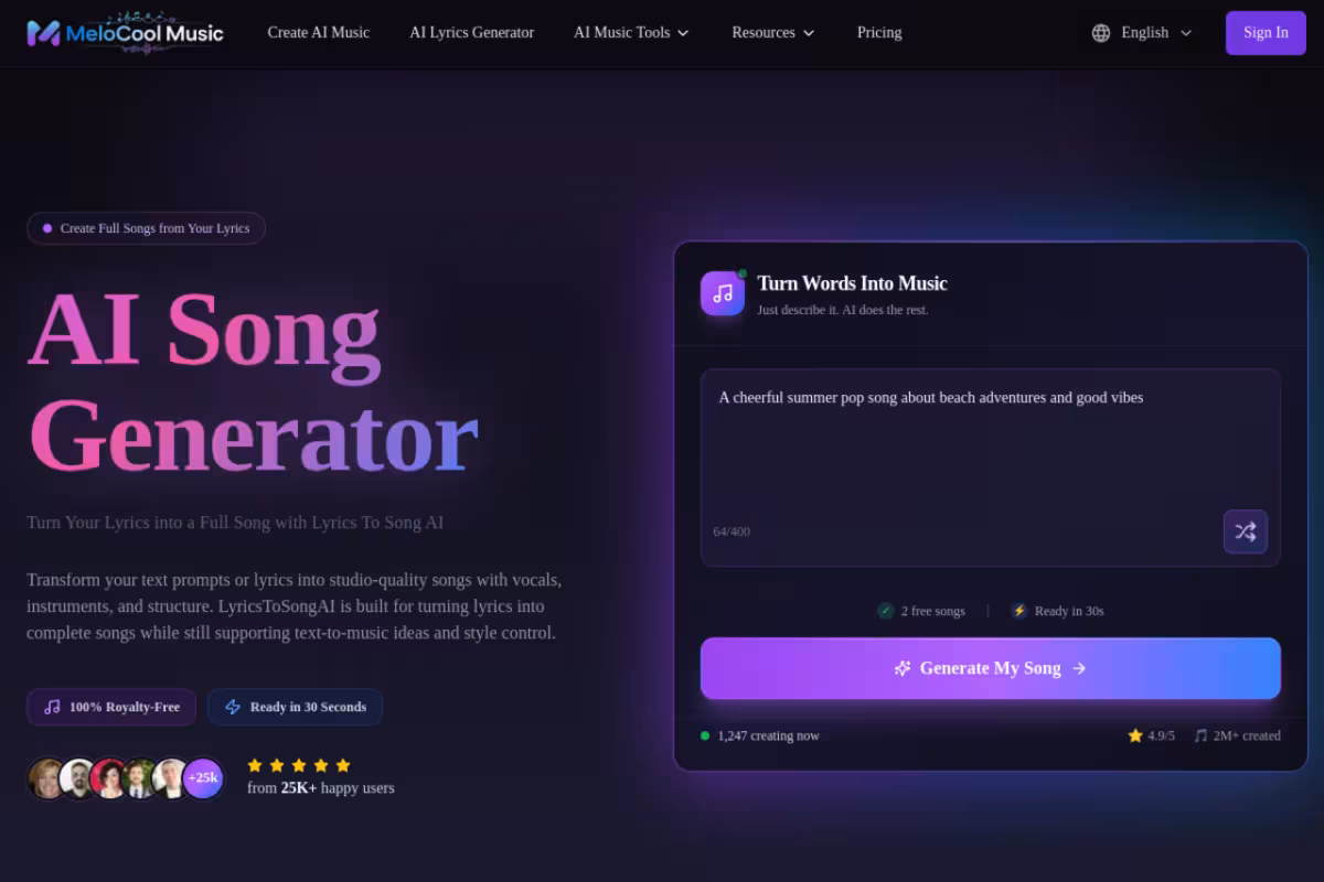 Lyrics to Song AI Generator homepage screenshot