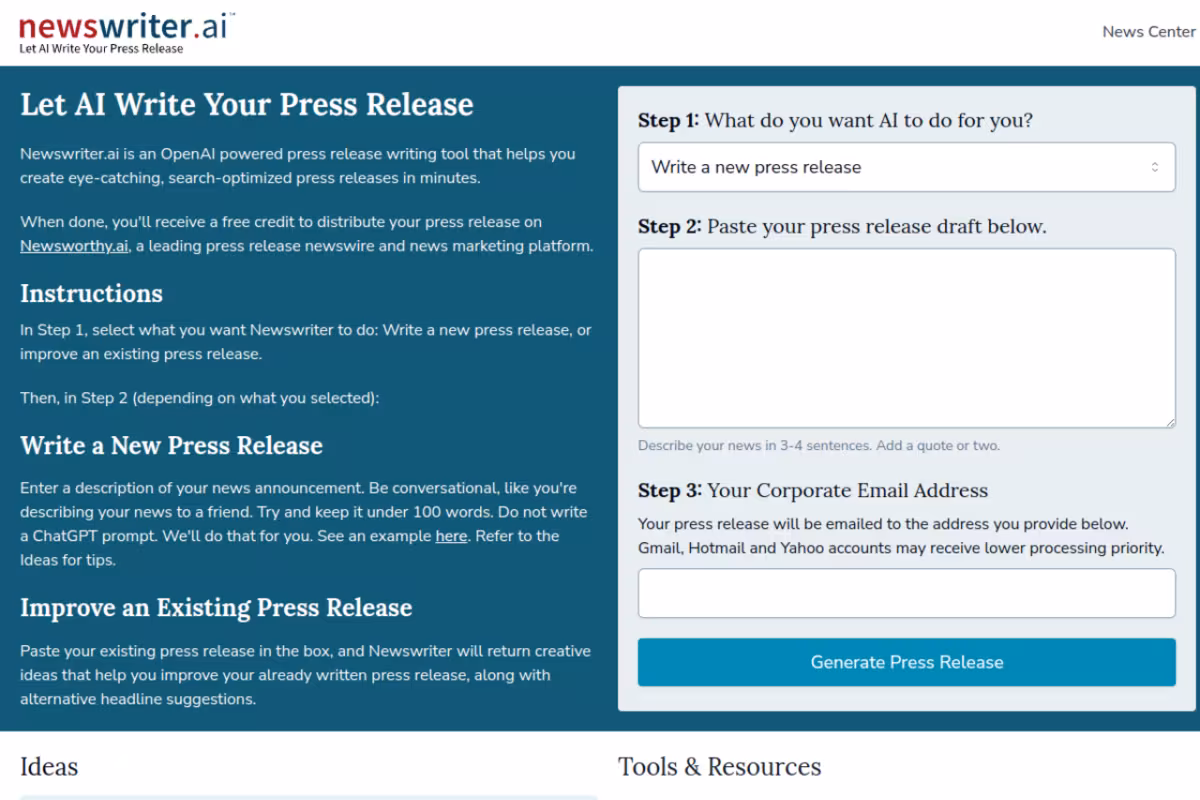 Newswriter.ai homepage screenshot