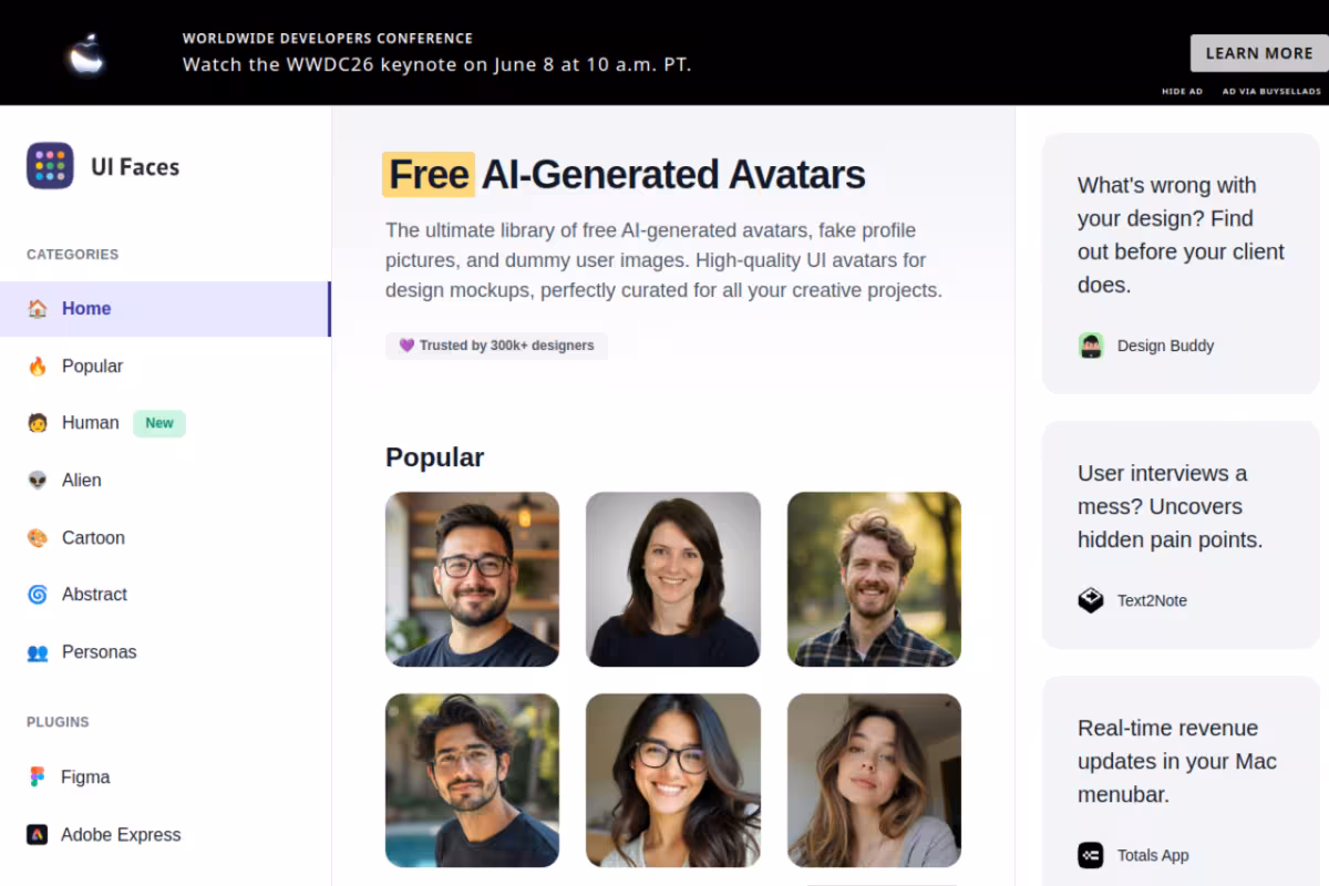 UI Faces homepage screenshot