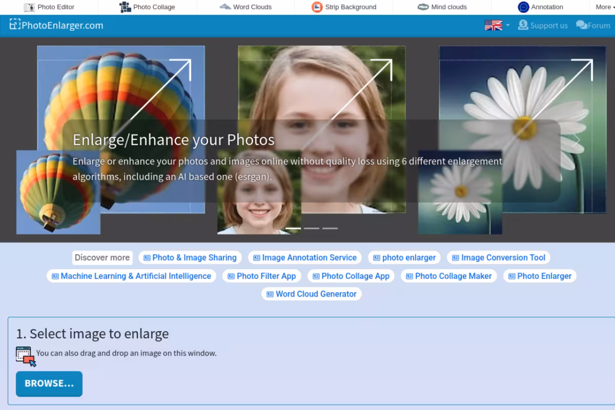 Photo Enlarger homepage screenshot