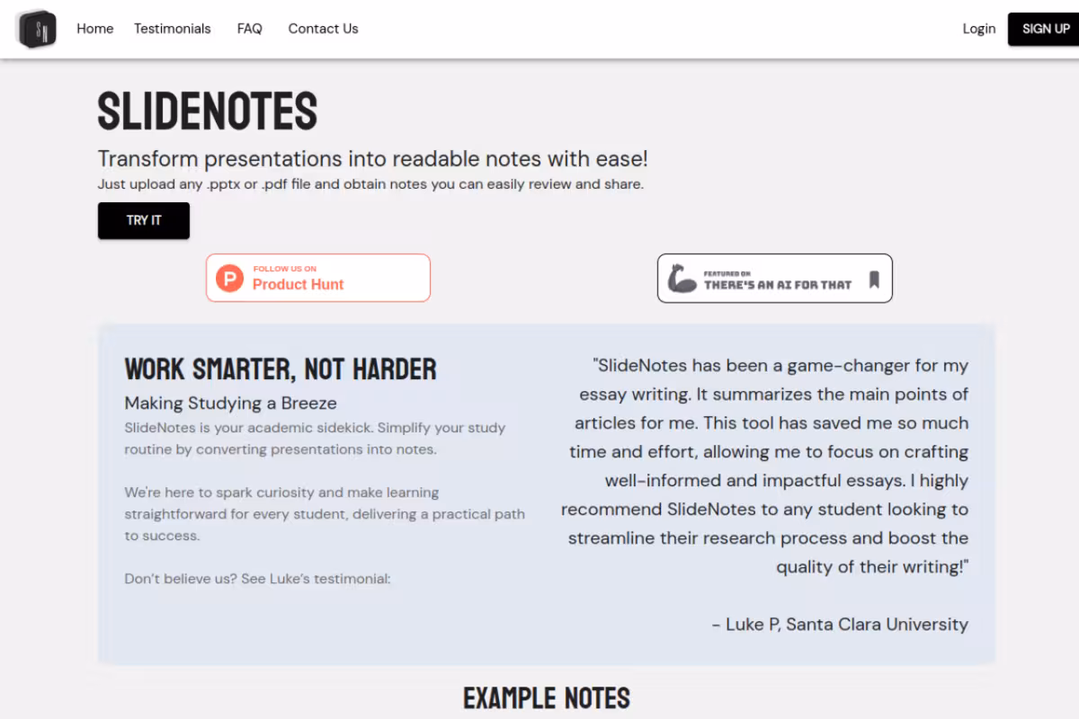 SlideNotes homepage screenshot