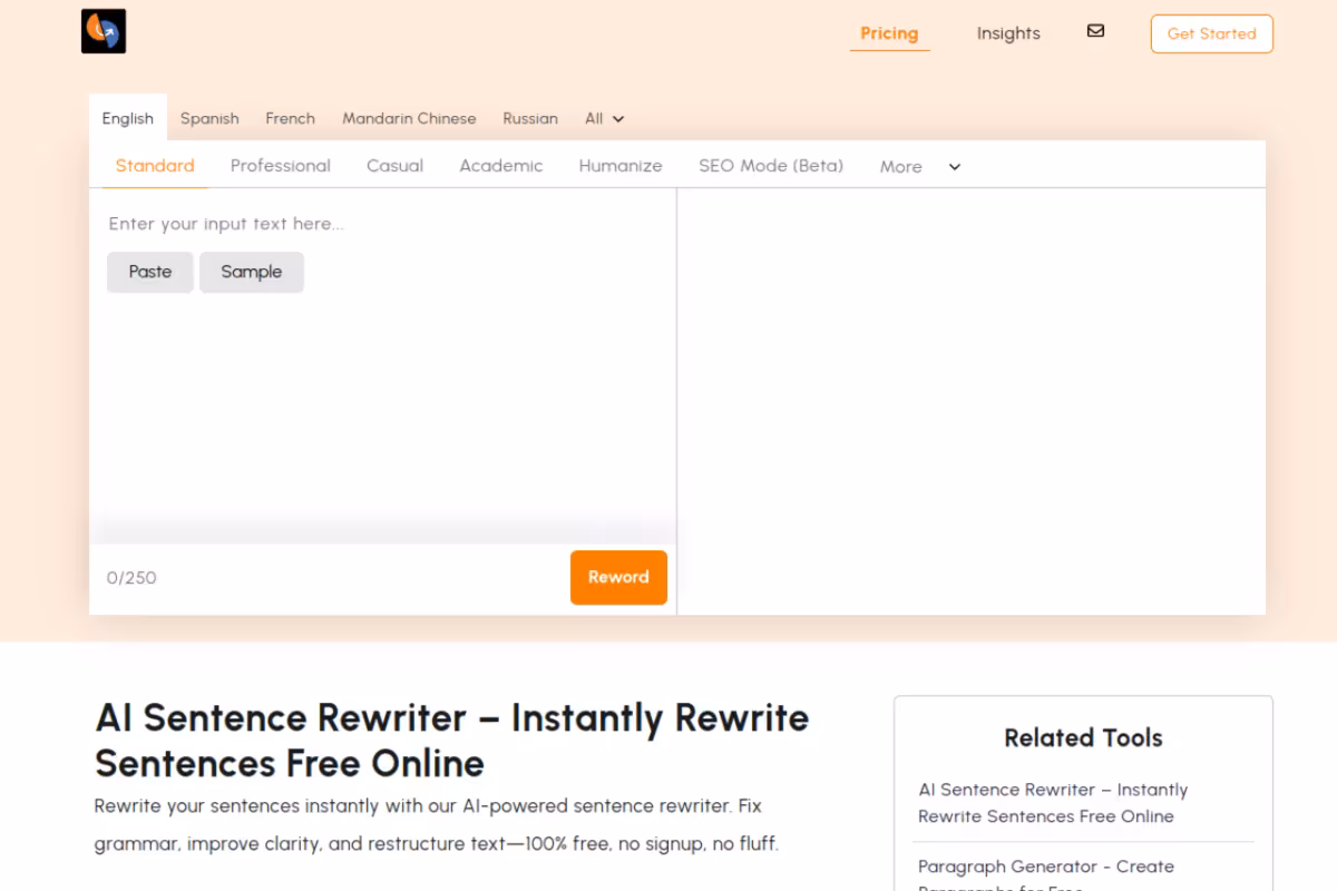 AI Sentence Rewriter homepage screenshot