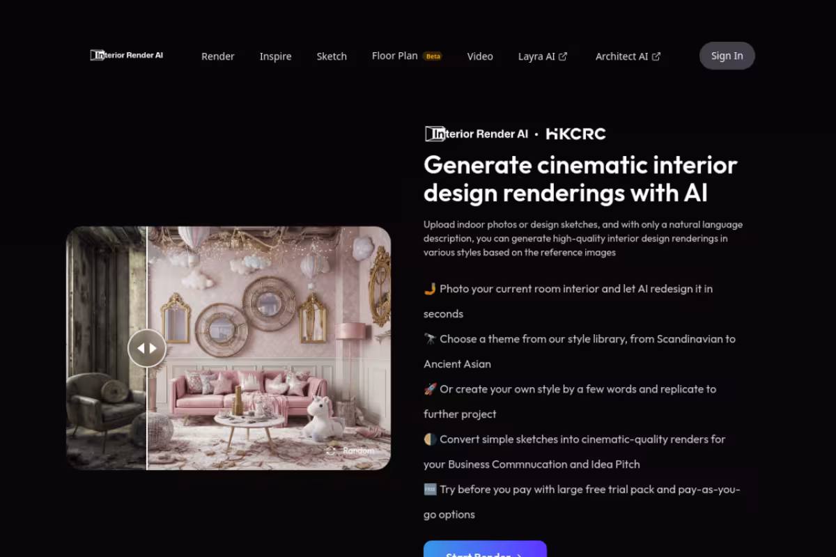 Interior Render AI homepage screenshot