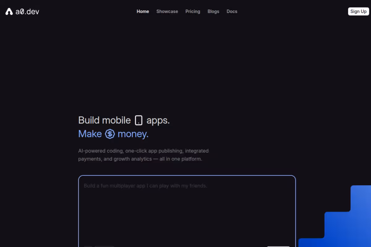 a0.dev homepage screenshot