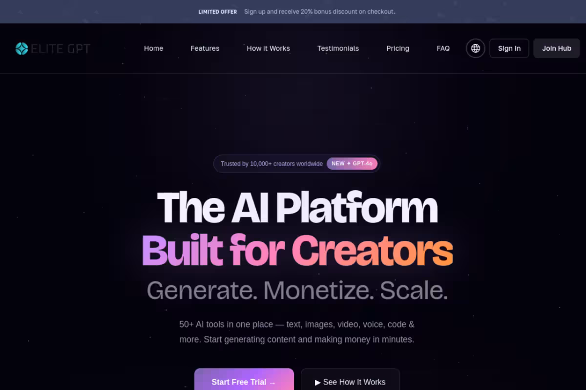 EliteGPT homepage screenshot