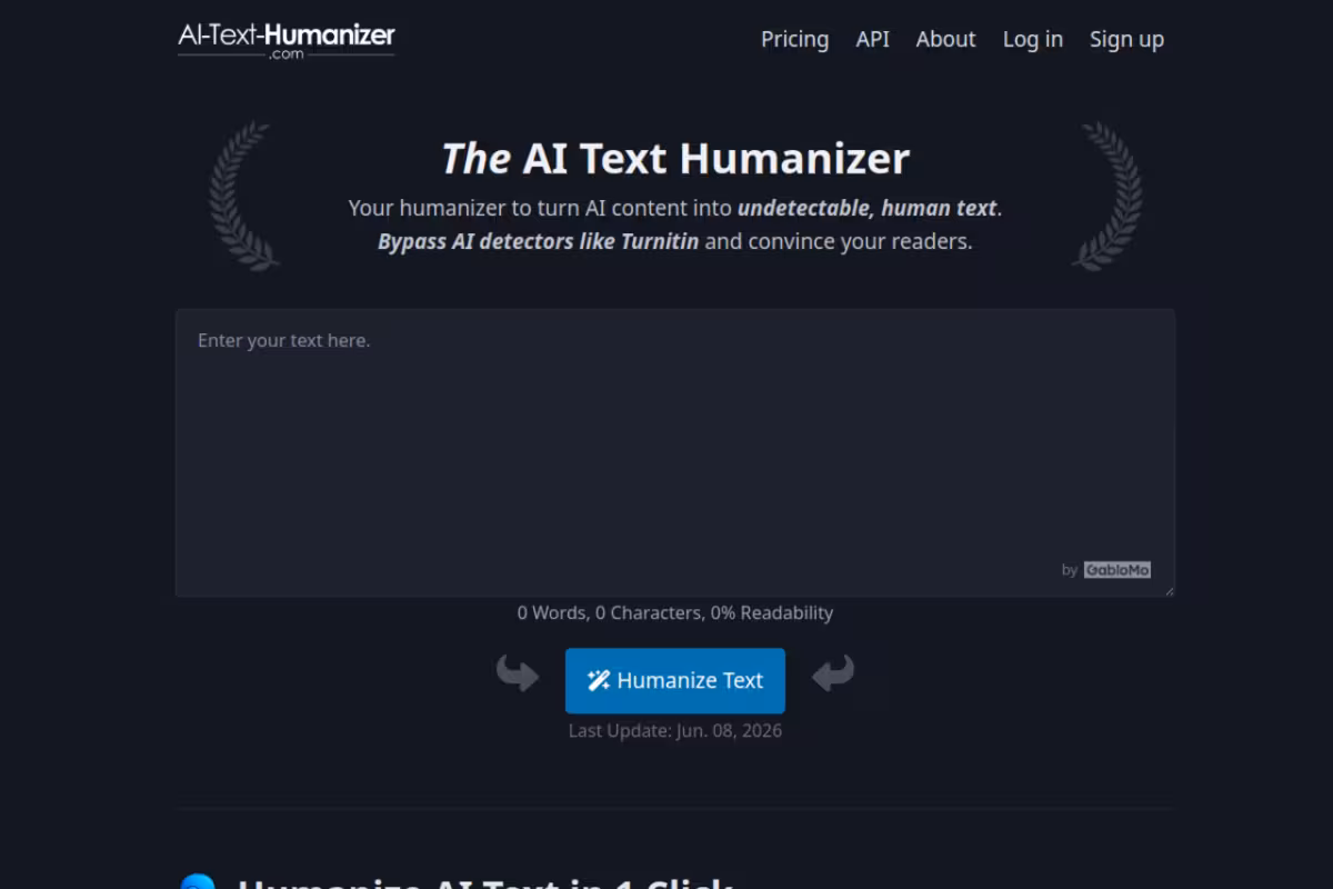 AI Text Humanizer homepage screenshot