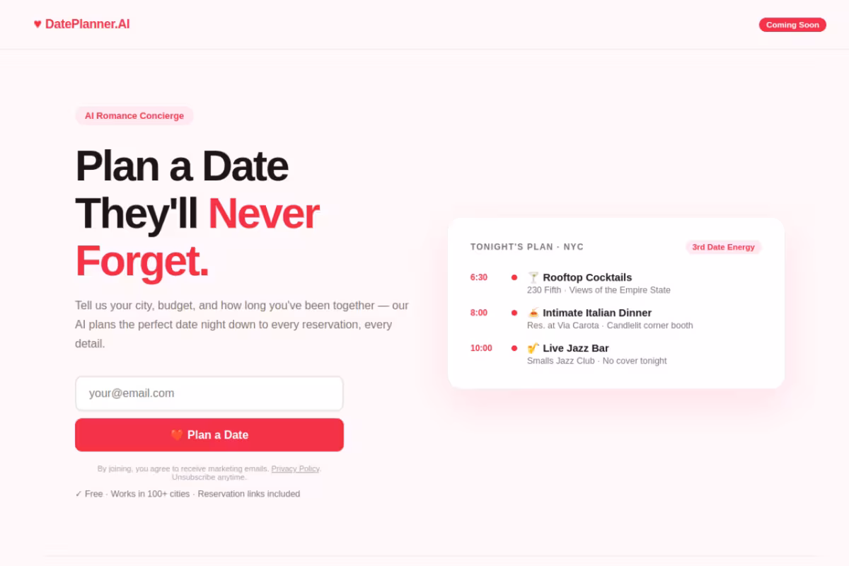 DatePlanner.AI homepage screenshot
