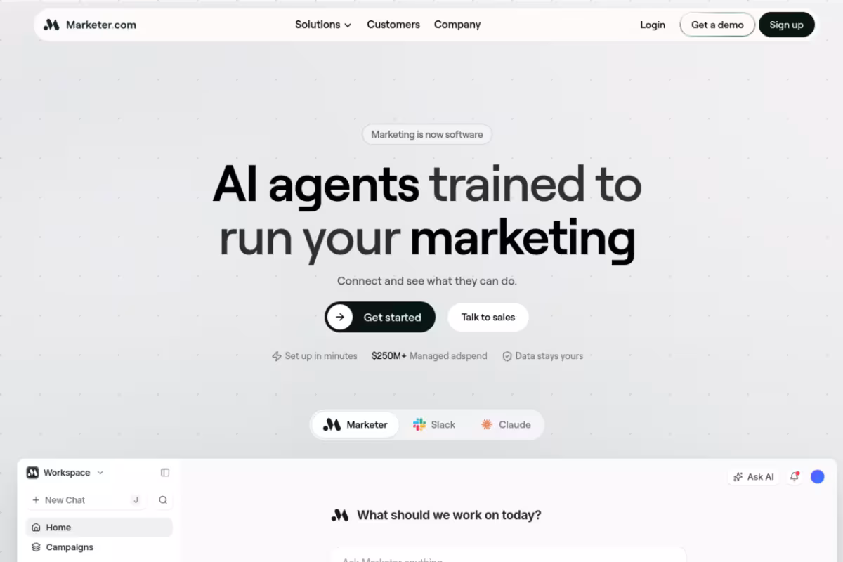 Marketer homepage screenshot