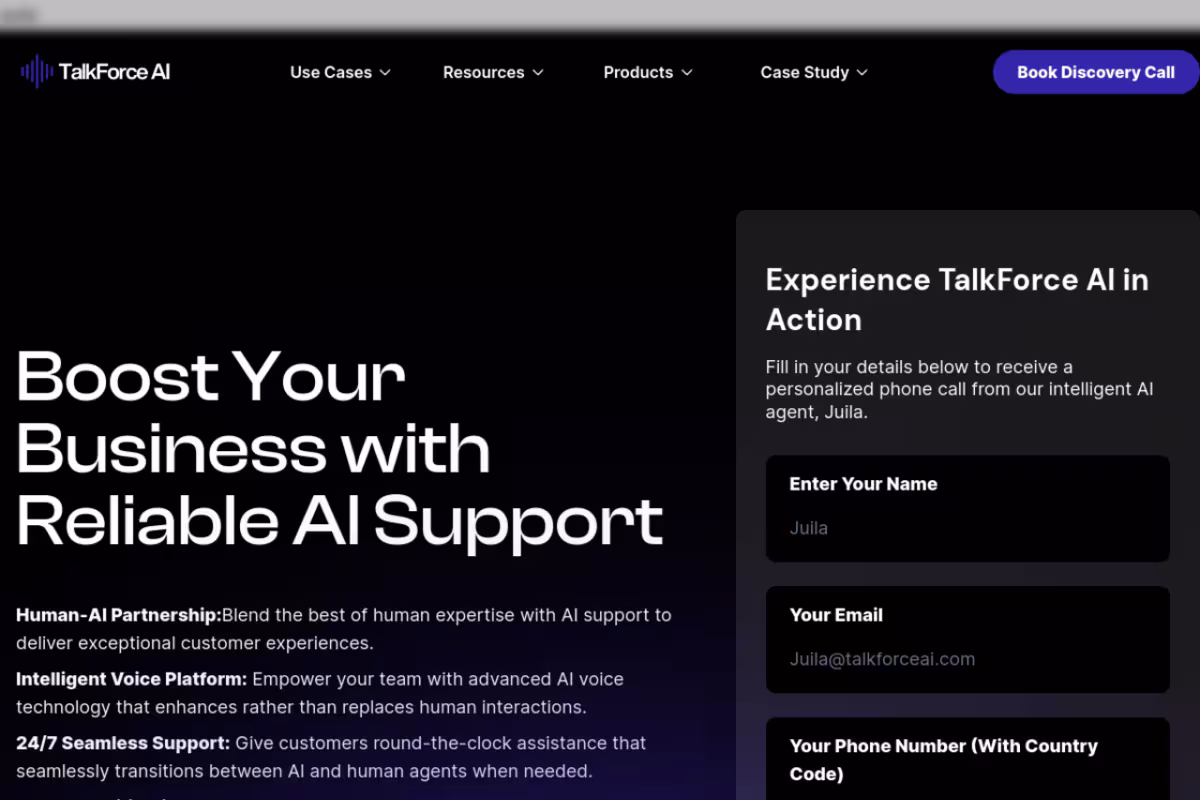 Automate Customer Care with TalkForce AI homepage screenshot