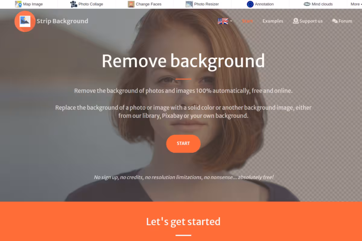 Remove backgrounds from photos and images for free. homepage screenshot