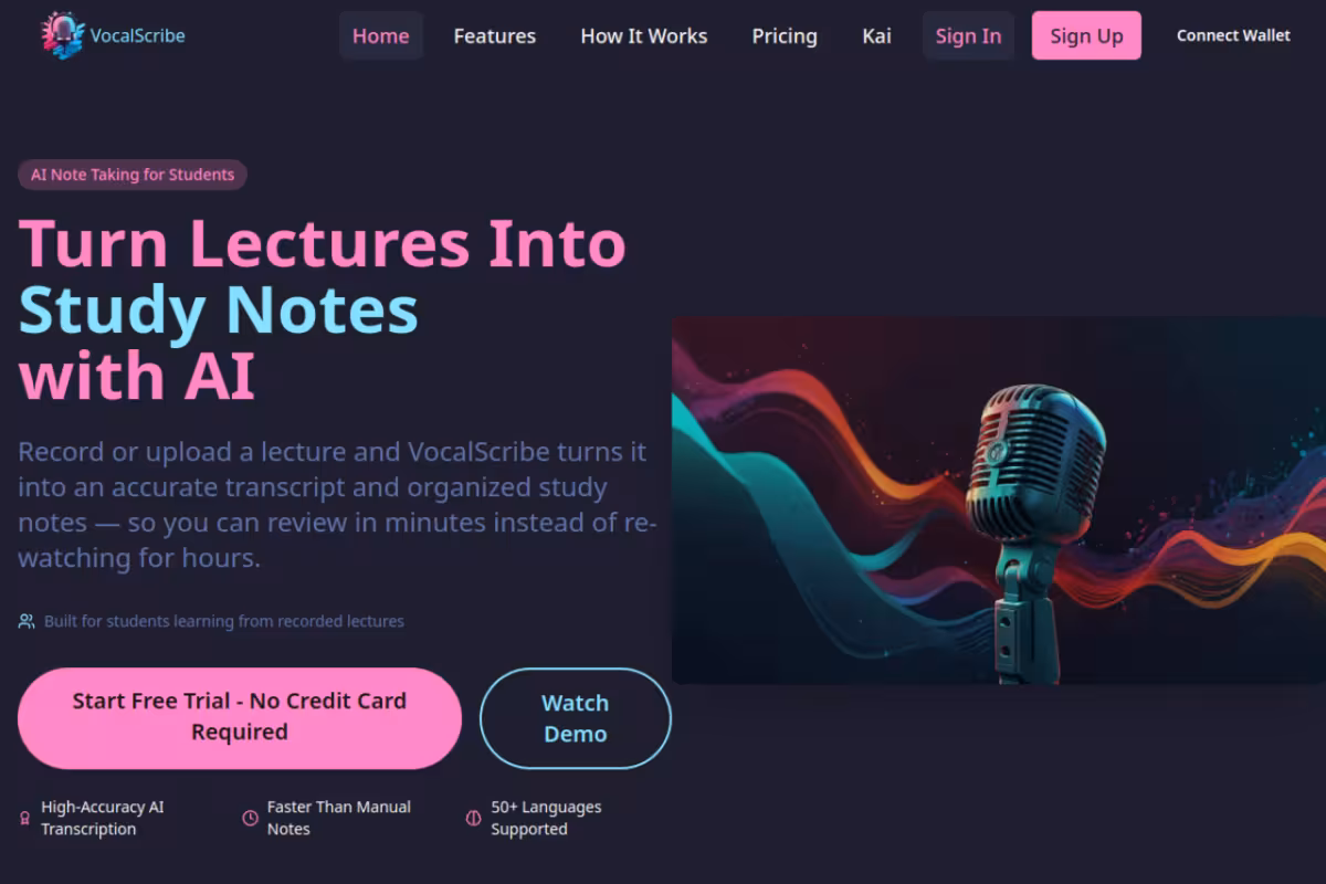 VocalScribe homepage screenshot