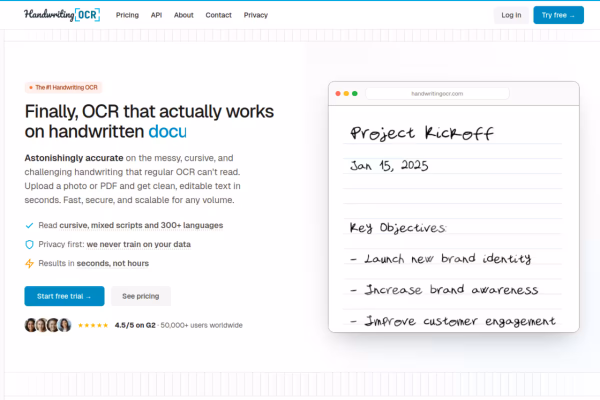 Handwriting OCR homepage screenshot
