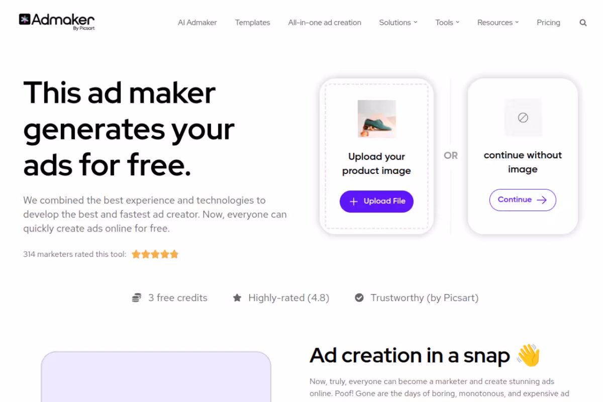Admaker by Picsart homepage screenshot