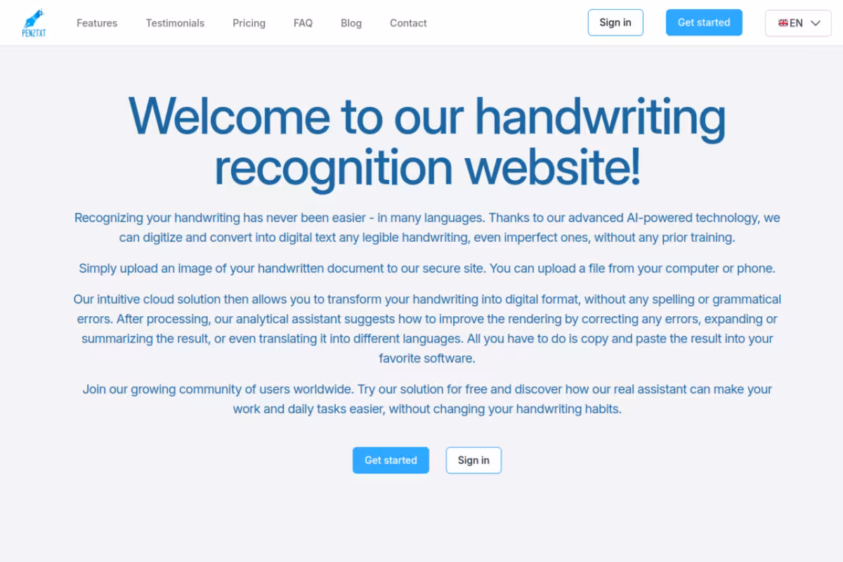 Pen2txt homepage screenshot