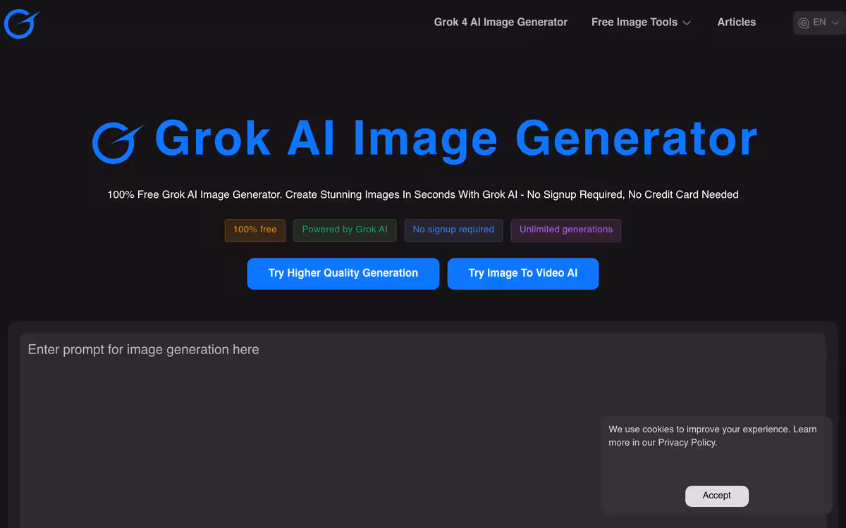 Grok AI Image Generator homepage screenshot