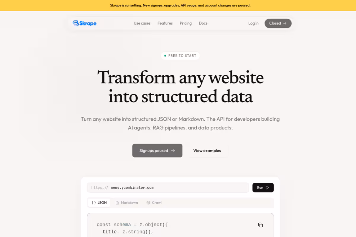 Skrape homepage screenshot