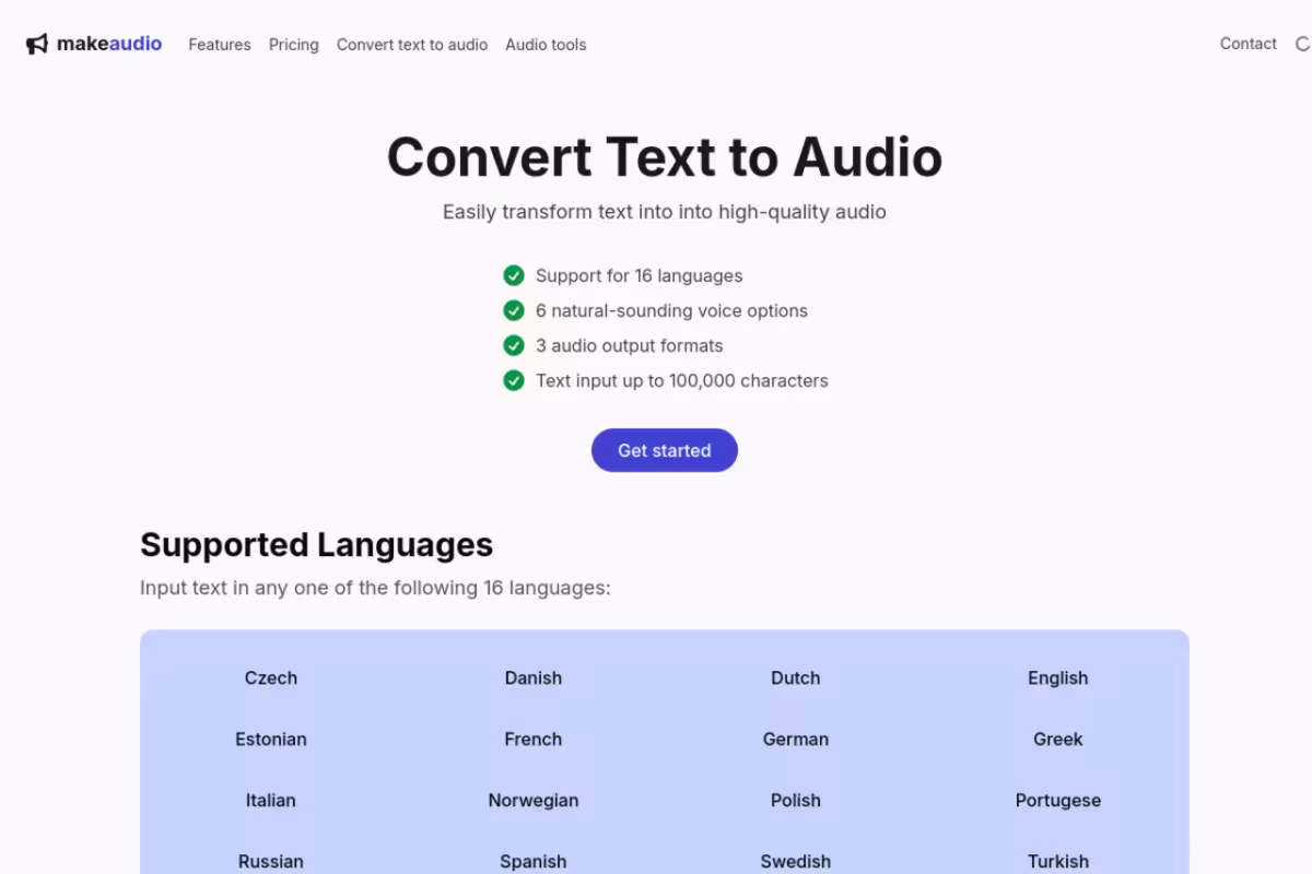 makeaudio.app homepage screenshot