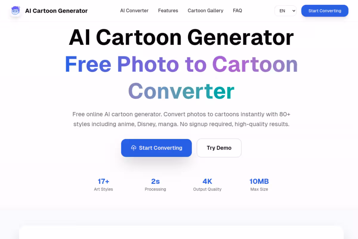 AI Cartoon Generator homepage screenshot