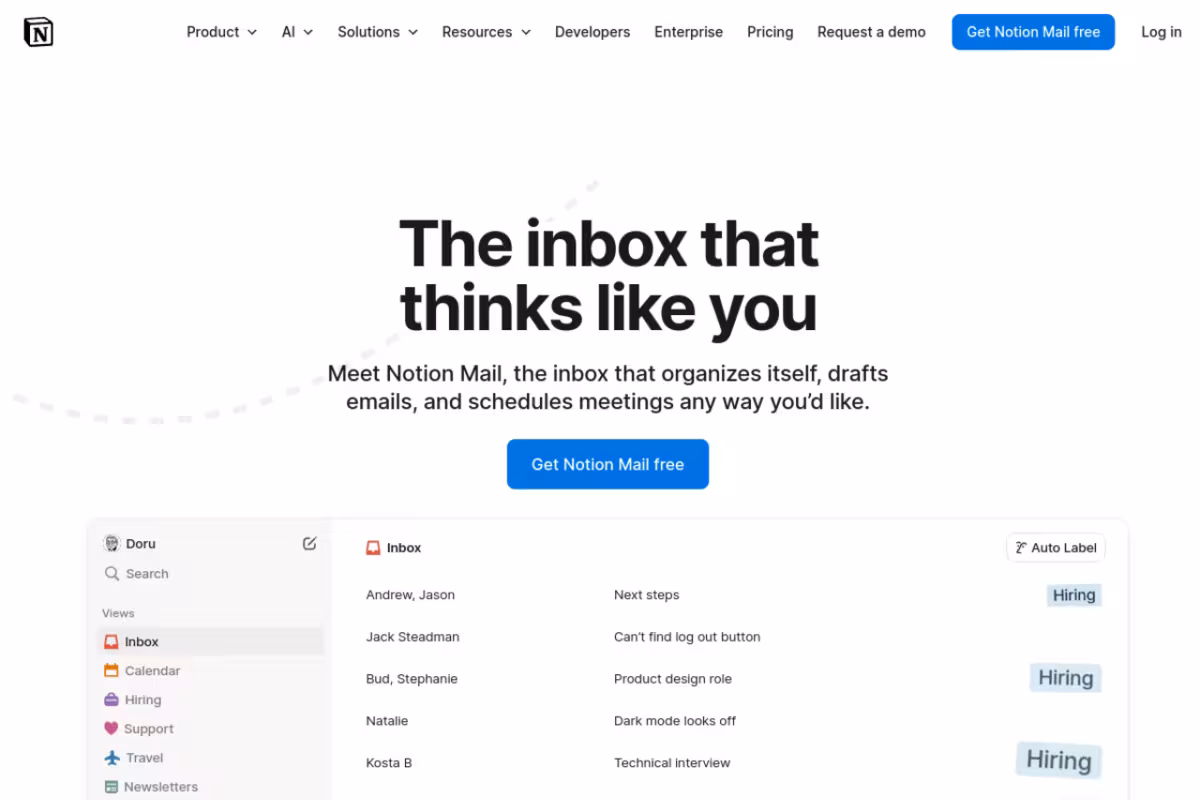 Notion Mail homepage screenshot