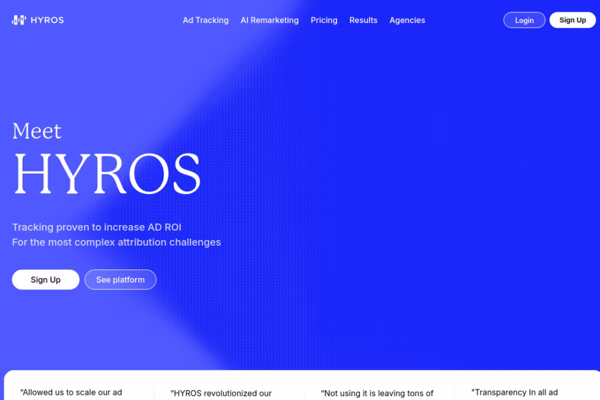 Hyros homepage screenshot