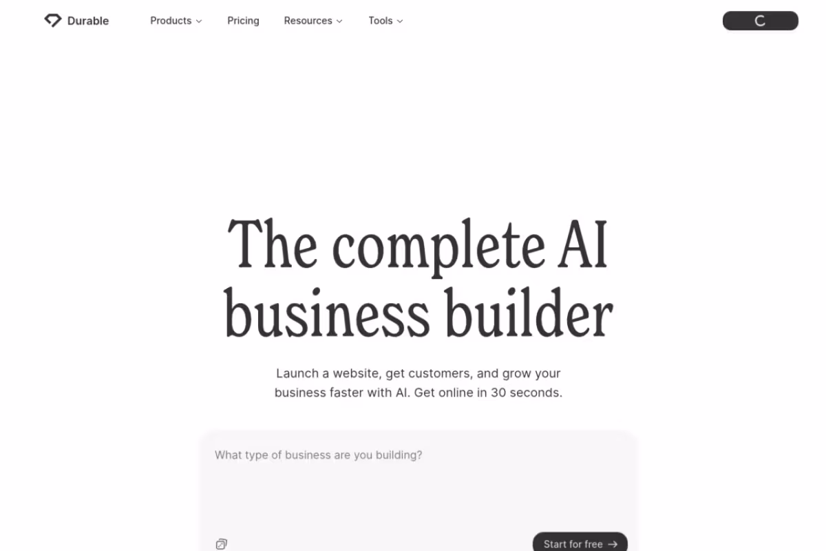 Durable AI Website Builder homepage screenshot