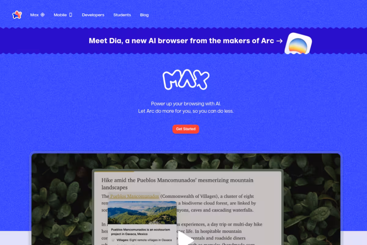Arc Max homepage screenshot