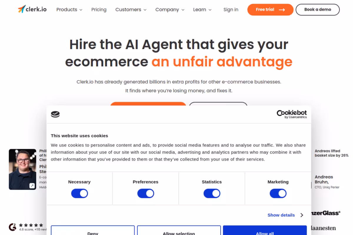 Clerk.io homepage screenshot