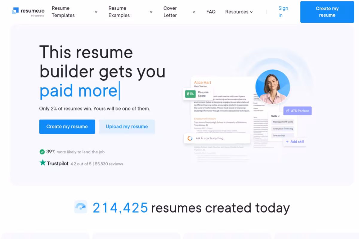 Resume.io homepage screenshot