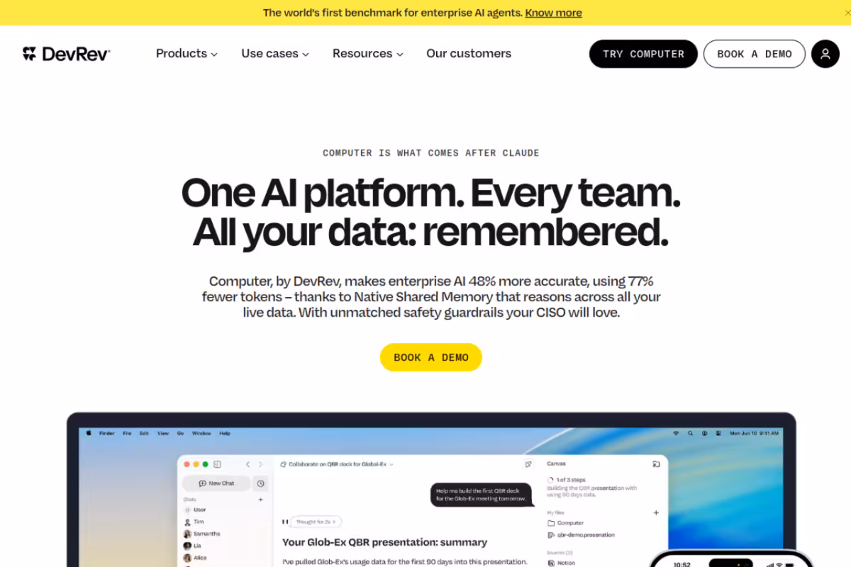 DevRev AgentOS homepage screenshot