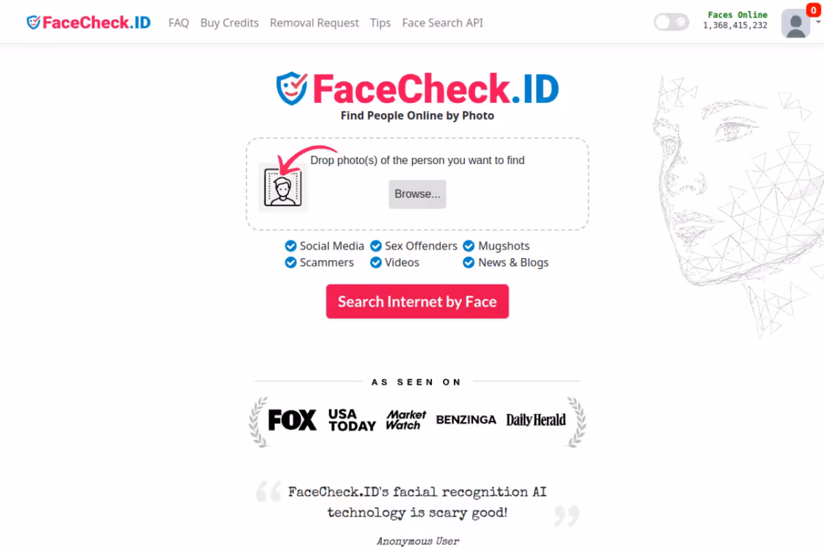 FaceCheck ID homepage screenshot