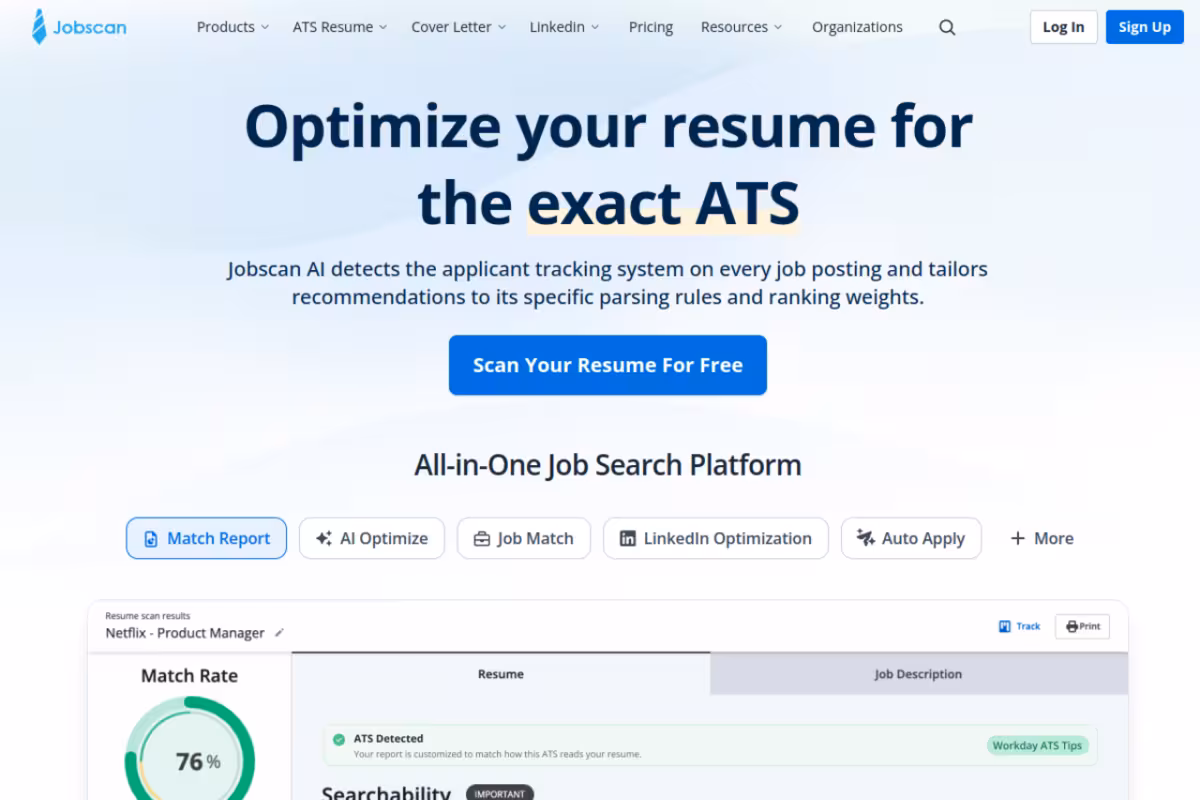 Jobscan homepage screenshot